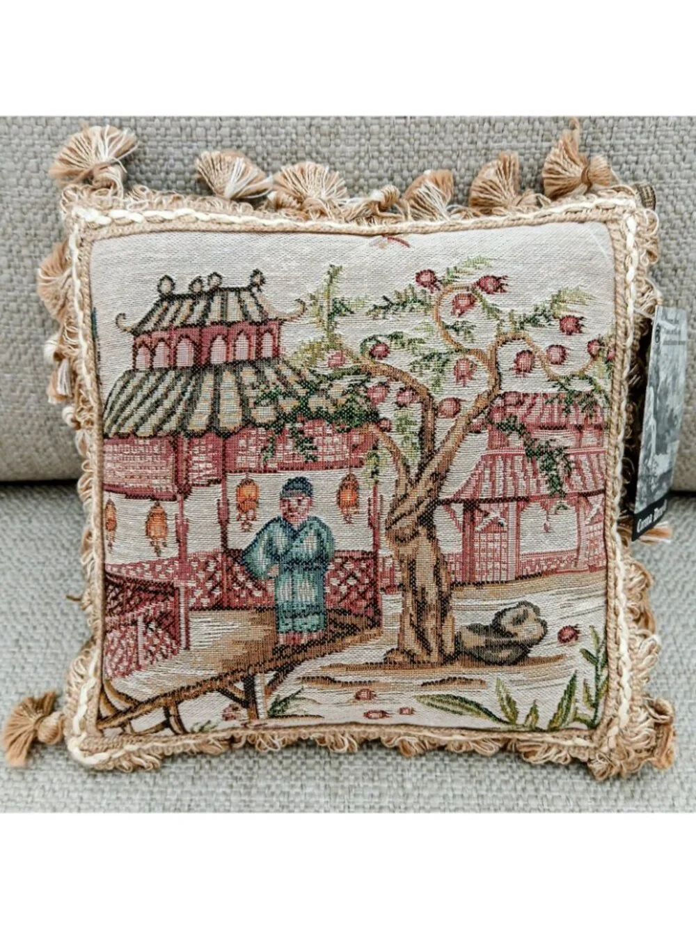 Corona Decor Chinoiserie Tapestry Pillow Tassel Cotton Wool 10x10